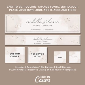 Pu&ograve; includere: Sei modelli di banner per negozio Etsy personalizzabili con uno sfondo ad acquerello e accenti di glitter dorati. I modelli includono un banner grande, un banner piccolo, un banner per ordini personalizzati, un banner per elenchi riservati e due banner per icone del negozio. Il testo sui banner recita "Isabella Johnson Jewelry Designer", "Custom Order", "Reserved Listing" e "Sale".