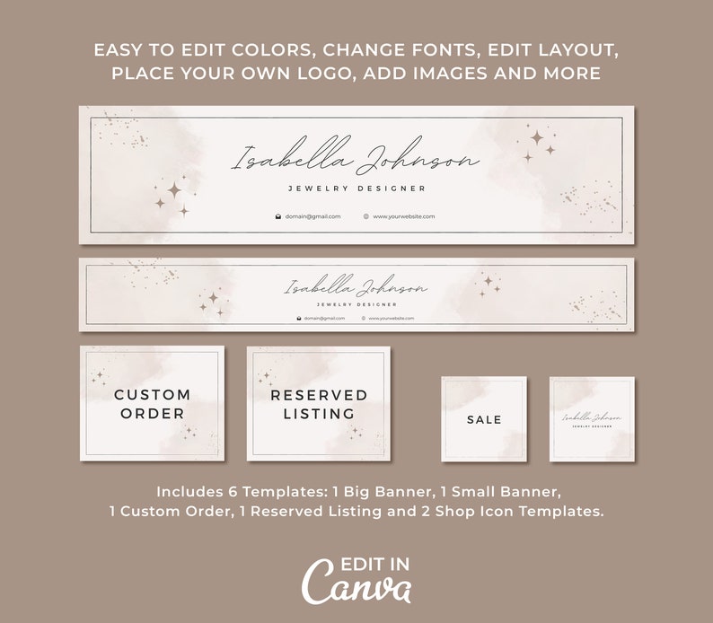 Pu&ograve; includere: Sei modelli di banner per negozio Etsy personalizzabili con uno sfondo ad acquerello e accenti di glitter dorati. I modelli includono un banner grande, un banner piccolo, un banner per ordini personalizzati, un banner per elenchi riservati e due banner per icone del negozio. Il testo sui banner recita "Isabella Johnson Jewelry Designer", "Custom Order", "Reserved Listing" e "Sale".