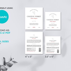 May include: A digital template for a wine bottle label featuring the text "Chateau Ferret Grand Reserve Cabernet Sauvignon - 2019 -" in black and red text. The label is available in two sizes: 3.5 inches by 4 inches and 4 inches by 5 inches. The template can be edited using Canva and downloaded as a JPG, PNG, or PDF file.