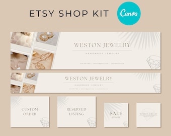 Può includere: Kit negozio Etsy per Weston Jewelry, un'azienda di gioielli fatti a mano. Il kit include uno striscione con un collage di foto di gioielli, uno striscione con il nome dell'azienda e le informazioni di contatto, e quattro grafiche quadrate per i social media con il testo "Ordine personalizzato", "Elenco riservato", "Sconto del 30%" e "Weston Jewelry Gioielli fatti a mano".