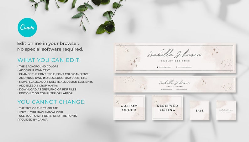 Pu&ograve; includere: Un set di banner per i social media e grafiche quadrate per un designer di gioielli. I banner sono bianchi con uno sfondo acquerellato rosa chiaro e glitter dorato. Il testo sui banner recita "Isabella Johnson Designer di gioielli". Le grafiche quadrate sono bianche con uno sfondo acquerellato rosa chiaro e glitter dorato. Il testo sulle grafiche quadrate recita "Ordine personalizzato", "Elenco riservato" e "Vendita".