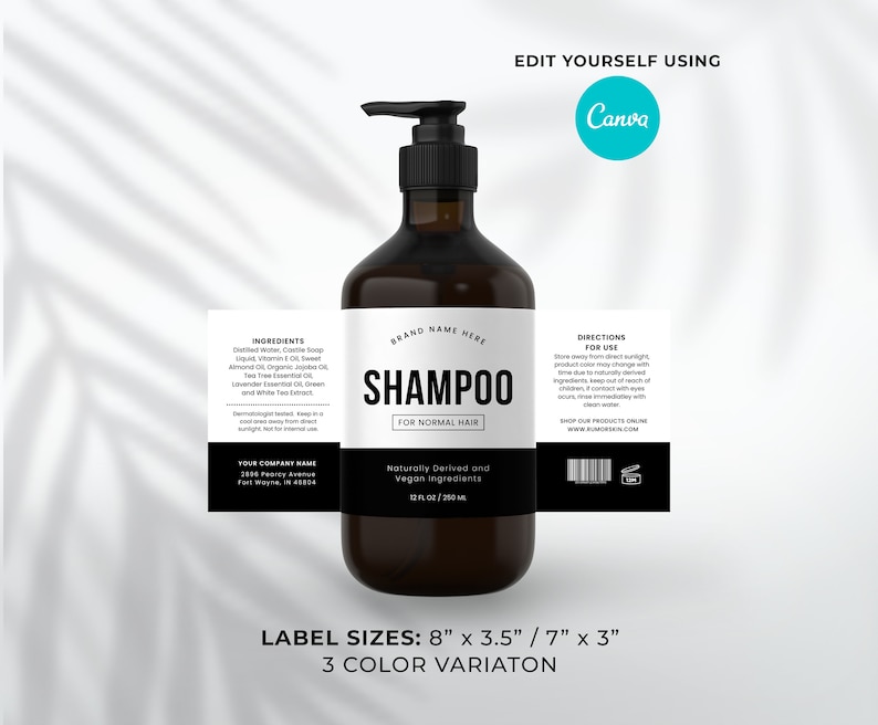 Shampoo Bottle Label Template, Body Wash Labels, Cosmetic Packaging