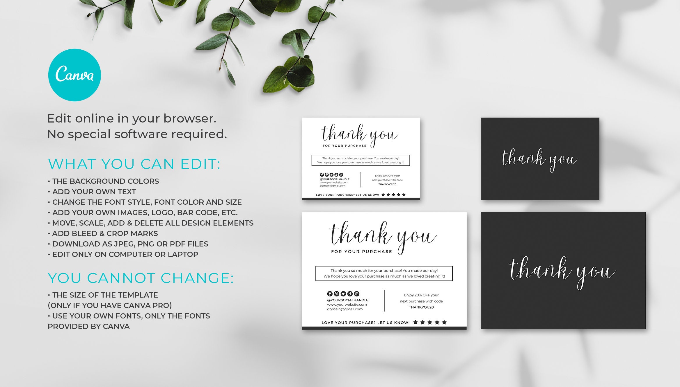 Minimal Thank You Card Template - Canva Editable Thank You Card - Small ...