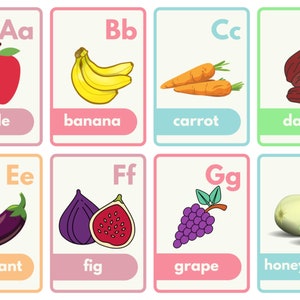 ABC Alphabet Flash Cards, DIGITAL DOWNLOAD, Printable Kids Letters Card Set, Kid Preschool Toddler Classroom Gift, fruit and vegetable