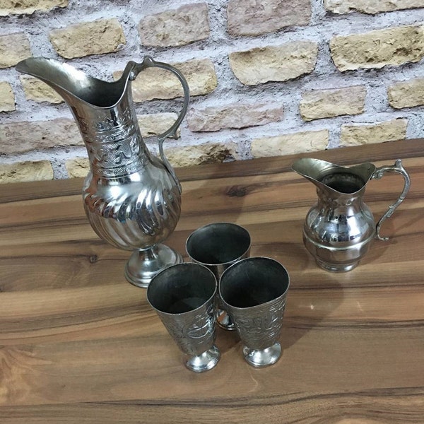 1970er Jahre Handgemachte Vintage Kupfer Krug, Becher, antik Kupfer Set, türkische Kupfer Kanne und Glas,Best Seller Vintage,Geschenk Für Ihn