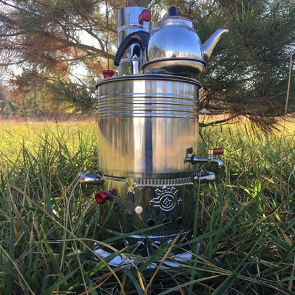 Camping Samovar + The Teapot(Gift),BBQ, Barbecue,Kettle,Best Seller Coal Samovar Tea Kettle Wood Burning Water Heater Camping Tent Stove 5Lt