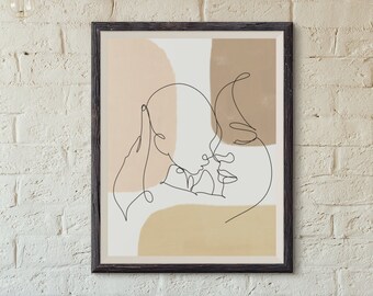 Mother and Child Line Art Print Wall Art Decor Set, Simple Modern Minimalist Boho Pastel