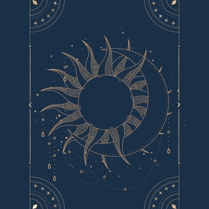 May include: A gold sun and moon design with a geometric frame on a dark blue background. The sun and moon are stylized with intricate details and surrounded by small stars and dots.