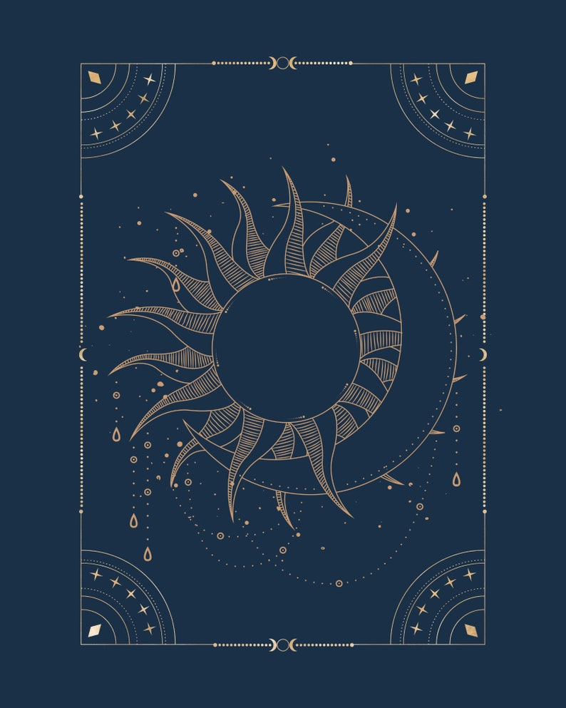 May include: A gold sun and moon design with a geometric frame on a dark blue background. The sun and moon are stylized with intricate details and surrounded by small stars and dots.
