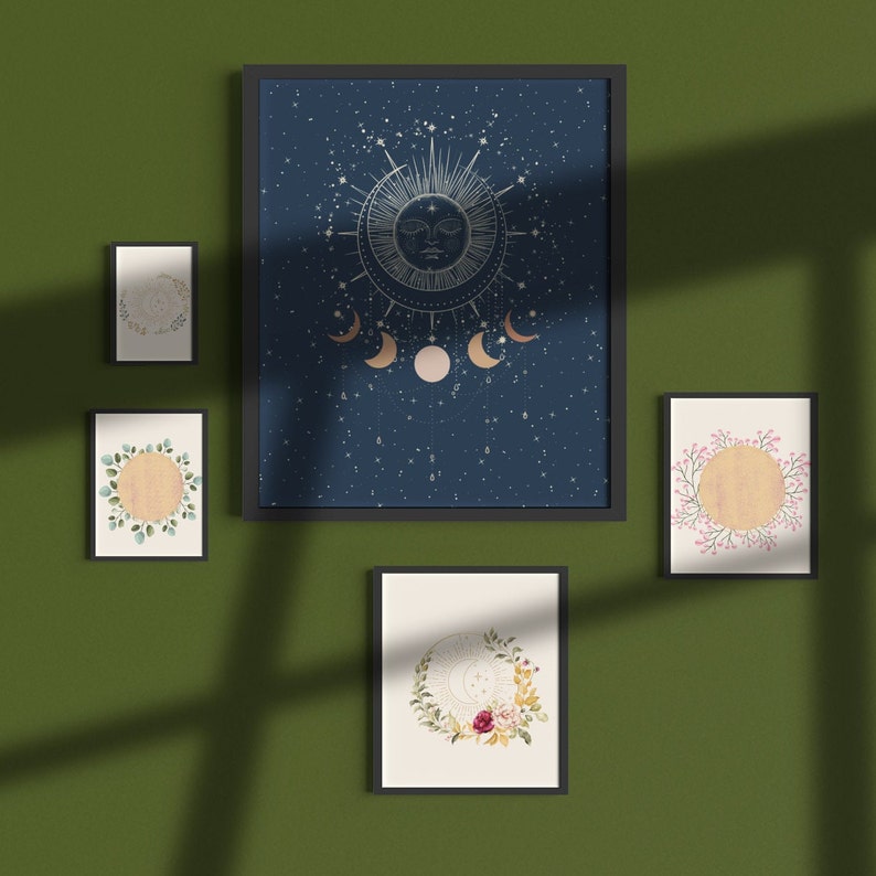 Sun and Moon Wall Art Moon Flower Print Celestial Wall Art Set of 5