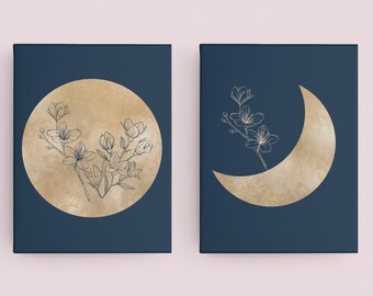 Sun and Moon Wall Art | Celestial Wall Art | Flower Art Print | Moon Flower Print | Celestial Décor | Set of 2 Digital Print | Boho Wall Art