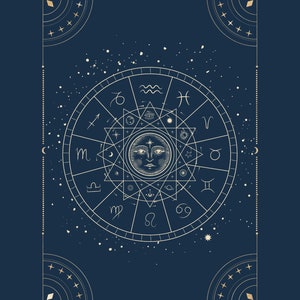 May include: A gold zodiac wheel with a stylized sun face in the center, surrounded by the twelve astrological signs, on a dark blue background with white dots.