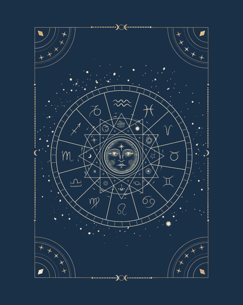 May include: A gold zodiac wheel with a stylized sun face in the center, surrounded by the twelve astrological signs, on a dark blue background with white dots.