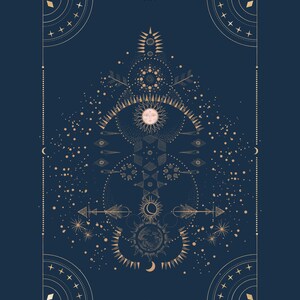May include: A gold geometric design with a sun and moon motif on a dark blue background. The design features a sun with a face, a crescent moon, and stars.