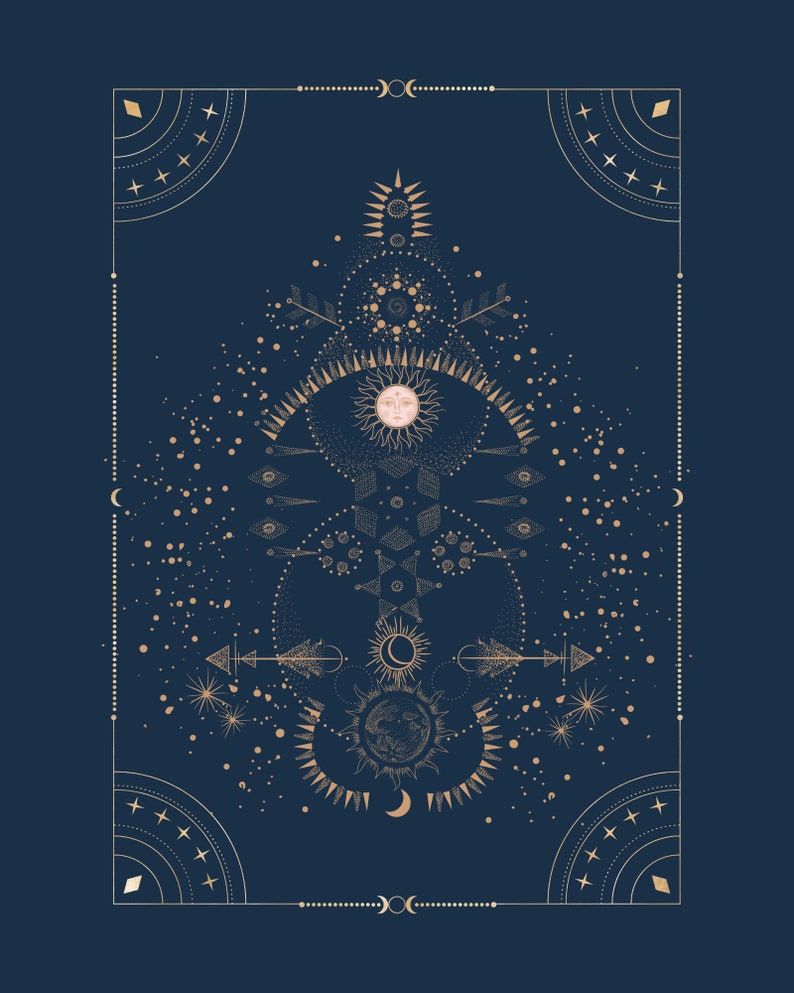 May include: A gold geometric design with a sun and moon motif on a dark blue background. The design features a sun with a face, a crescent moon, and stars.