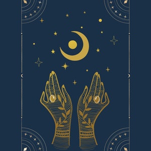 May include: A gold illustration of two hands reaching up towards a crescent moon and stars on a dark blue background. The hands are adorned with intricate details and have a ring on each finger. The image is framed with a geometric design.