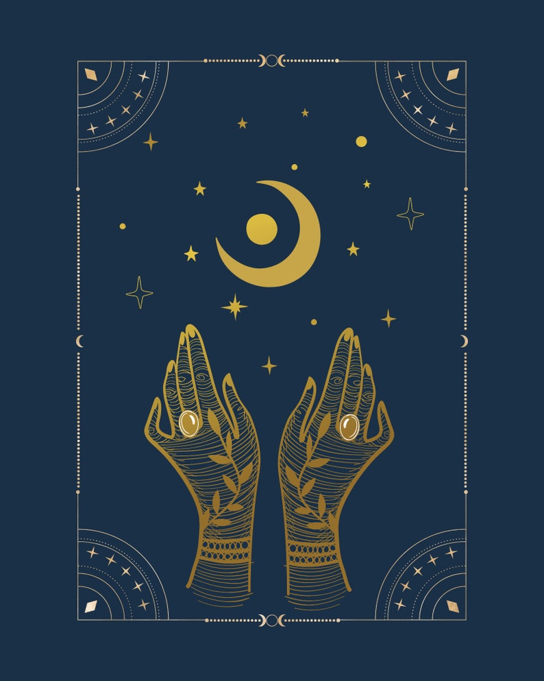 May include: A gold illustration of two hands reaching up towards a crescent moon and stars on a dark blue background. The hands are adorned with intricate details and have a ring on each finger. The image is framed with a geometric design.