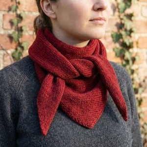 Può includere: Una sciarpa rossa lavorata a maglia è drappeggiata intorno al collo. La sciarpa è di forma triangolare ed è realizzata con un filato spesso e strutturato. La persona indossa un maglione grigio. Lo sfondo è un muro di mattoni con delle viti verdi.