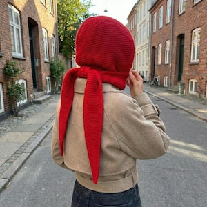 Peut inclure: Un cagoule rouge vif en tricot avec de longues attaches pendantes. Le couvre-chef est fait d'un fil épais et texturé. La personne porte une veste beige et un jean délavé foncé. En arrière-plan, une rue de la ville avec des bâtiments en briques.