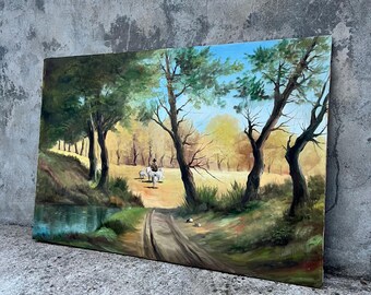 Paisaje pastoral vintage a gran escala, óleo sobre lienzo, sin atribución, colores brillantes, escena rural decorativa