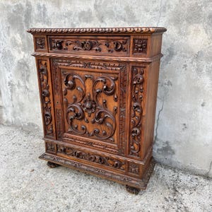 Antique 19th Century French Solid Walnut Cabinet | Hand-Carved Cupboard with Drawer and Shelves