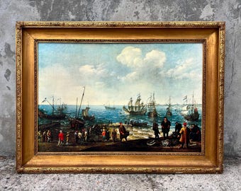 Escena marítima holandesa enmarcada: reproducción de arte costero vintage