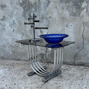 Rare Vintage Mid-Century Bauhaus Smoked Glass & Chrome Tubular Coffee Table / Side Table 1970s