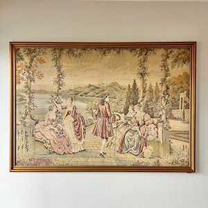 Obra de arte monumental em tapeçaria jacquard estilo Aubusson francês vintage, XX | Escala muito grande | Estilo rococó | Moldura dourada ornamentada