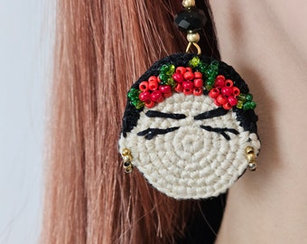 Crochet earings Frida Kahlo. Original gift.