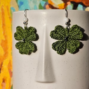 Crochet earrings: lucky 4-leaf clover. Unusual jewelery as a gift.