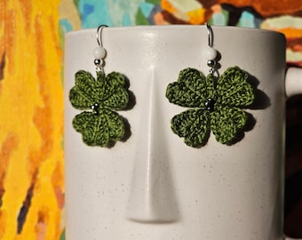 Crochet earrings: lucky 4-leaf clover. Unusual jewelery as a gift.
