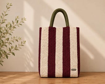 Handmade Raffia Tote Bag. Striped Crochet Shopper. Eco-Friendly Summer Beach Bag.