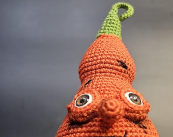 Sad orange crochet pumpkin with eyes, Halloween table decor, small funny gift for friend