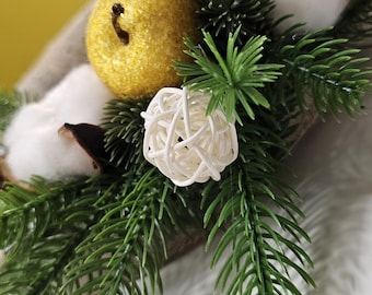 Rustic Christmas Wreath – Handmade Holiday Door Decor with Cotton, Evergreens (artificial fir branch) & Gold Ornaments
