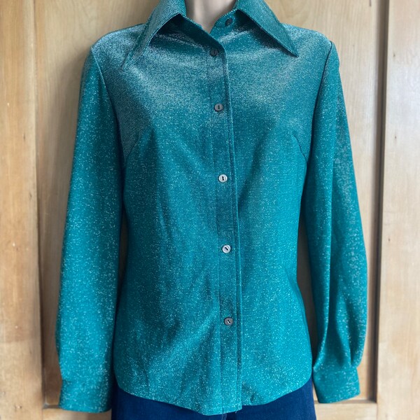 Vintage 1970’s blouse by Carl Burgess. Green and sparkly silver polyester.