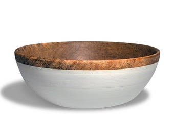 Tazón de madera hecho a mano, tazón de madera de acacia pintado a mano de blanco en el exterior, tazón de frutas, tazones decorativos de 8 pulgadas, juego de tazón para servir - Juego de dos