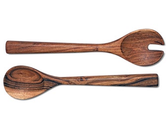Juego de cucharas hecho a mano, Cucharas para servir, Juego de pinzas para ensaladas de madera de acacia artesanales, Cuchara de madera, Pinza para servir - Utensilios para servir