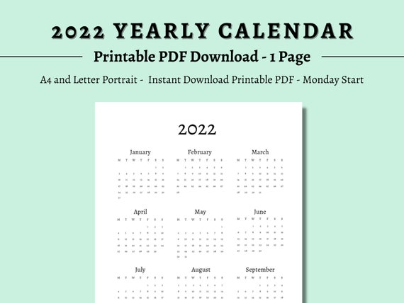 2022 yearly calendar 2022 calendar printable 2022 calendar etsy