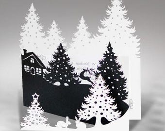 Christmas Forest Folding Card Cut Files, SVG DXF PDF, Winter Trees and Deer Template