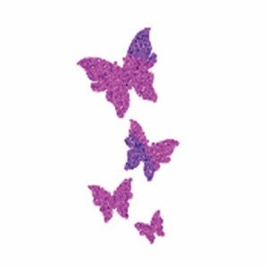May include: Four purple and blue glitter butterflies arranged vertically.