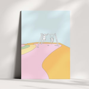 Sisters on Swings Print: Playful Line Art, Modern Home Decor (Digital Download)
