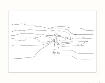 Minimalist Woman on Beach Line Art Print: Coastal Wall Decor (Digital Download)
