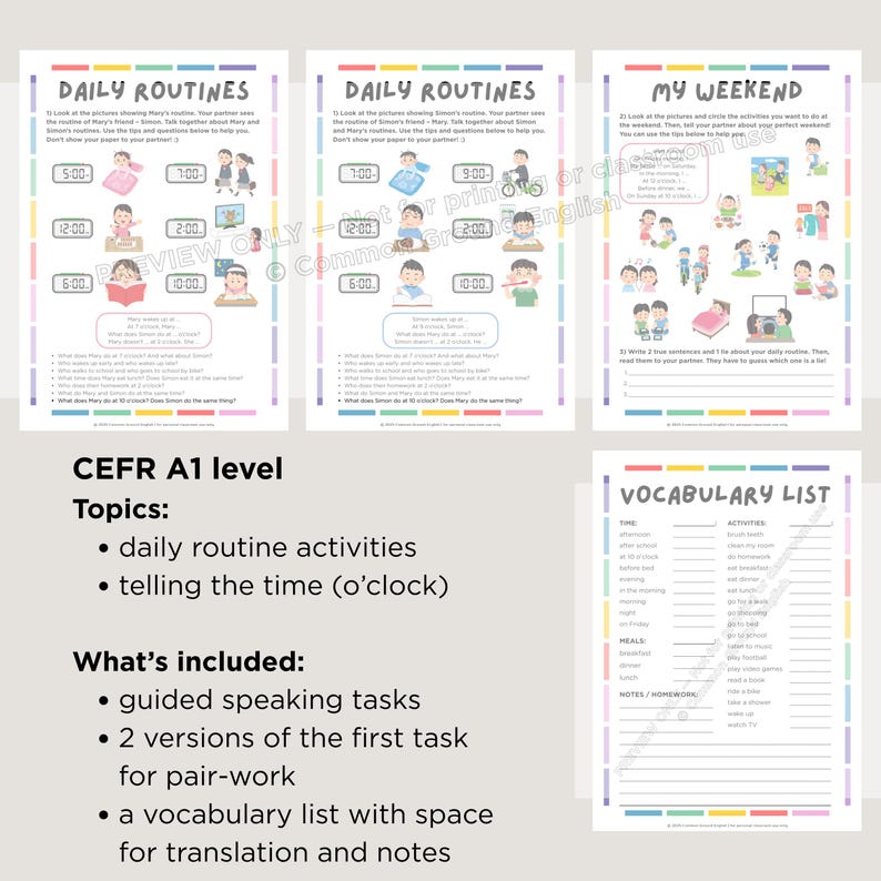 A1 English Daily Routines Bundle: EFL ESL Worksheets, Speaking ...