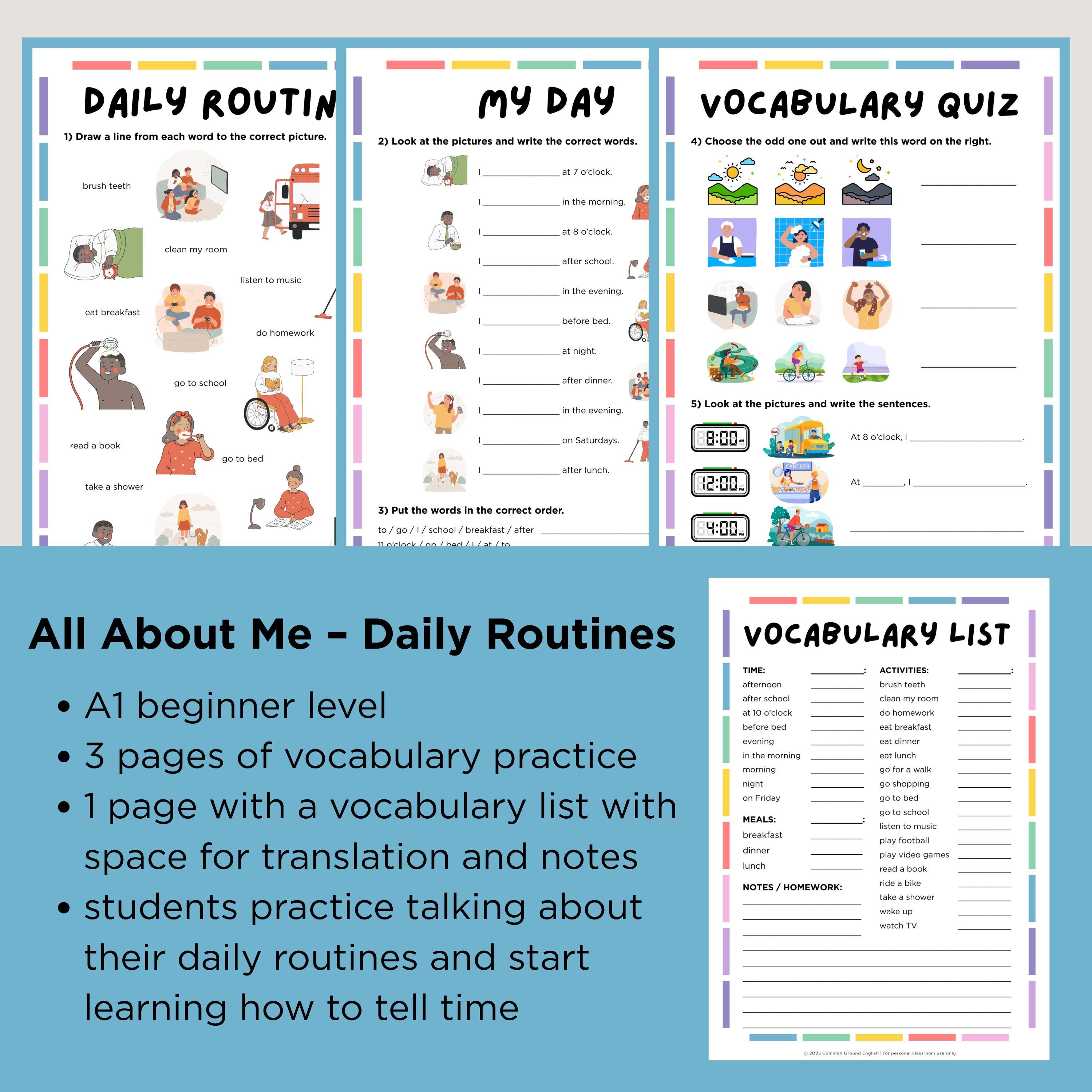 A1 English Daily Routines Bundle: EFL ESL Worksheets, Speaking ...