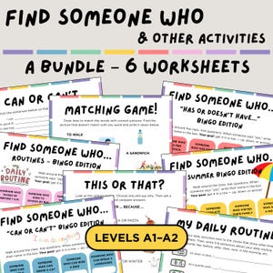 ESL Icebreaker Worksheets Bundle A1-A2 Find Someone Who Activities (Digital Download)