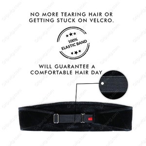 May include: Black elastic headband with a soft, velvety texture. The headband has a secure closure with a black elastic band and a red accent. The text "100% ELASTIC BAND" is printed on a white circle with black stars.