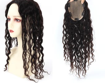 Curly Topper Handmade Real Remy Human Hair Silk Base Hair Topper for Women Clip In Crown Volumizer Natural Scalp Look, Custom Length