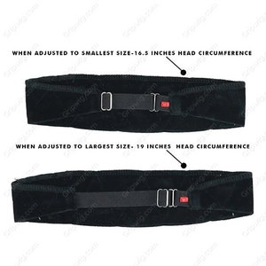 May include: Black velvet headband with an adjustable strap. The headband can be adjusted to fit head sizes from 16.5 inches to 19 inches in circumference.