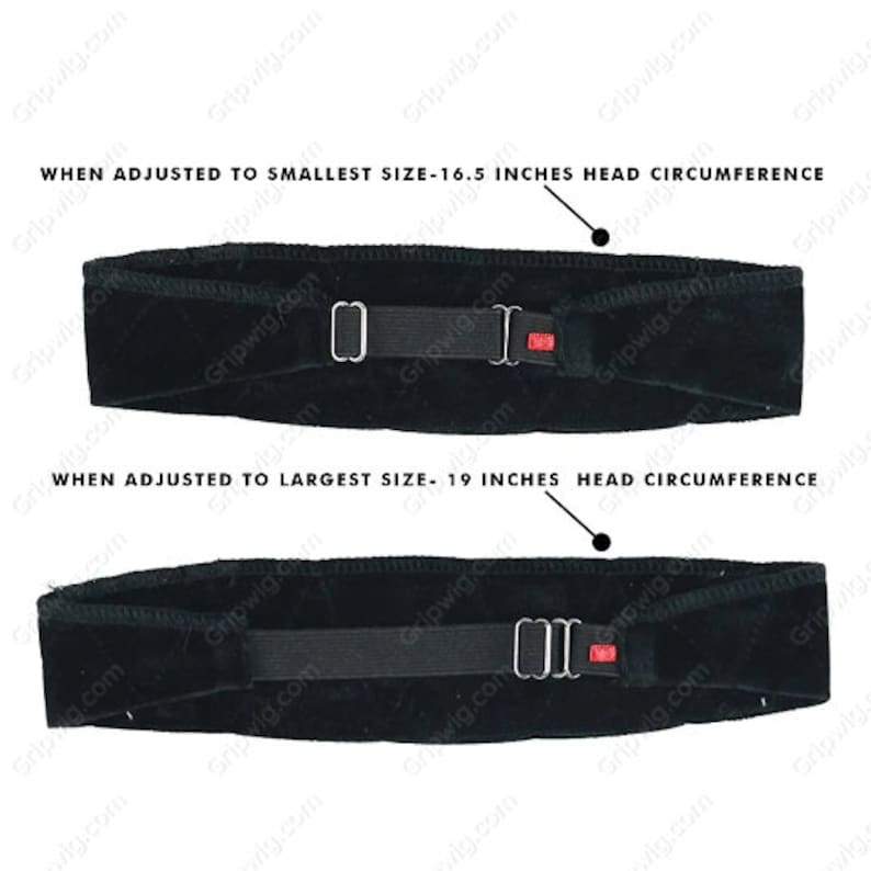 May include: Black velvet headband with an adjustable strap. The headband can be adjusted to fit head sizes from 16.5 inches to 19 inches in circumference.