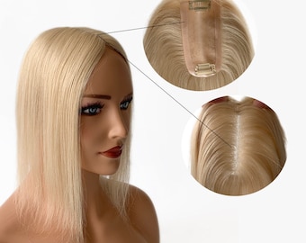 Mono Silk Base Hair Topper - Straight blond 12x6cm With 2clips Virgin Human Hair